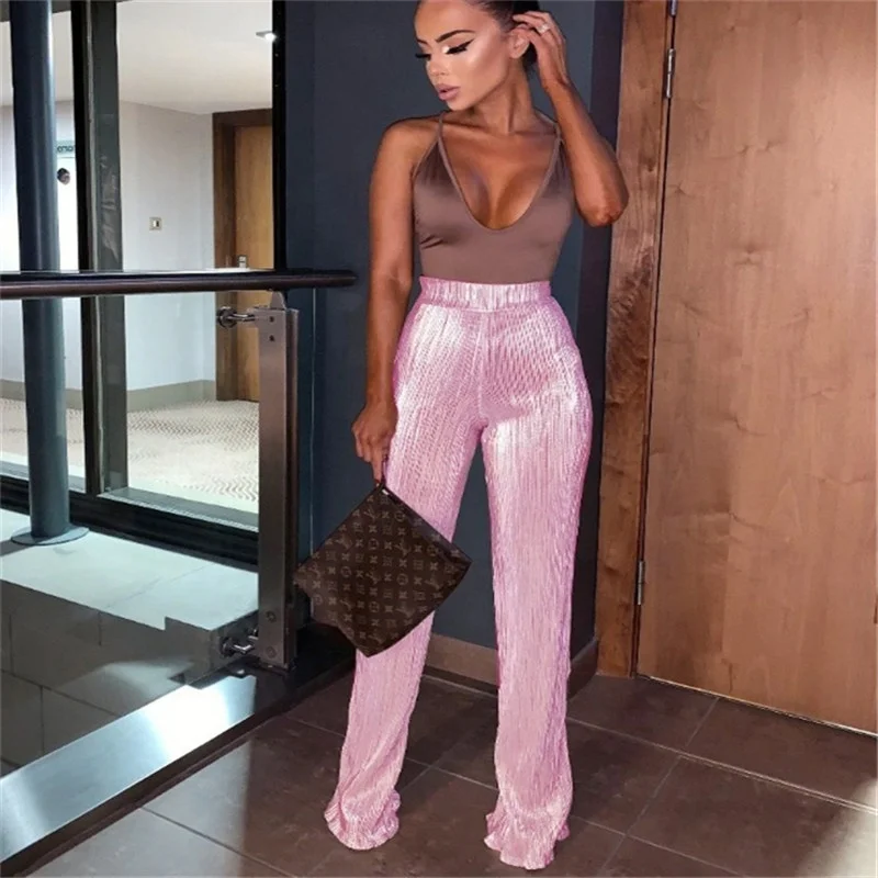 New Design Sexy High Waist Trousers Slim Sequin Pants Women Pleated Long Flared Pants