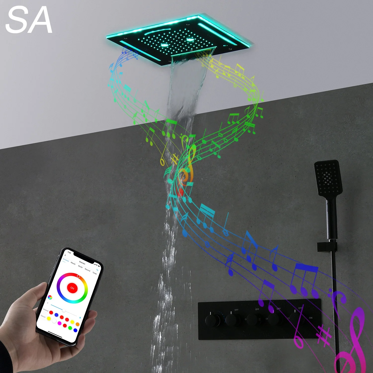 Luxury Bathroom Shower LED Black Stainless Steel Rain Shower Head Wall Mounted Tub Faucet Telephone Bluetooth Music Shower Set