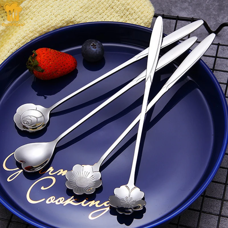 Factory Wedding Party Utensils Flower Long Handle Stainless Steel spoon Set Dessert Coffee Dinner Tea mixing stirring Spoons