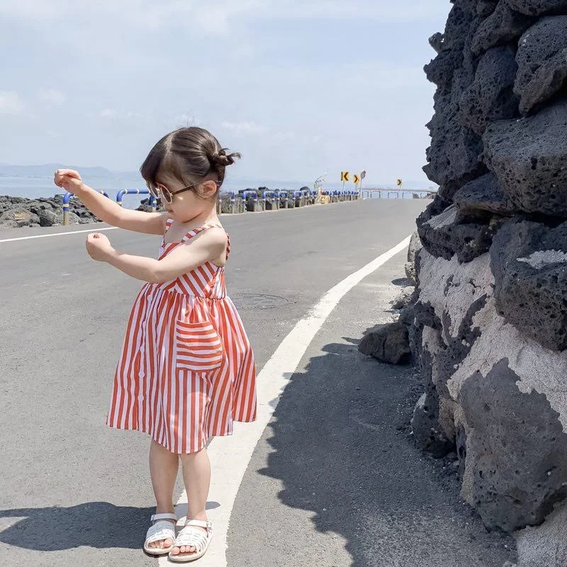 Latest Arrival 2021 Summer White And Red Striped Dress Little Girl Suspender Dresses