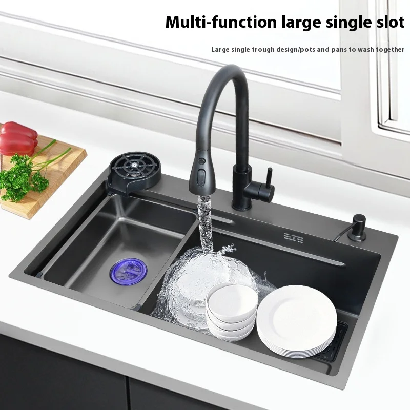 304 Stainless Steel Large Single Kitchen Sink With Faucet Black Nano Thickened Dishwashing Vegetable with Counter Installation