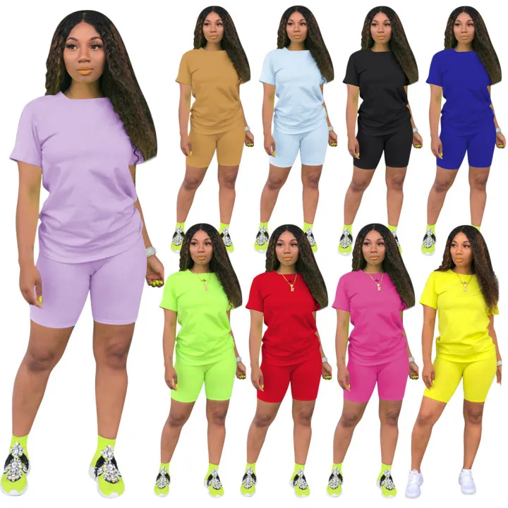 
qzbaoshu solid seamless biker shorts set women O neck women tracksuit set 2021 new summer two piece womens biker short sets 