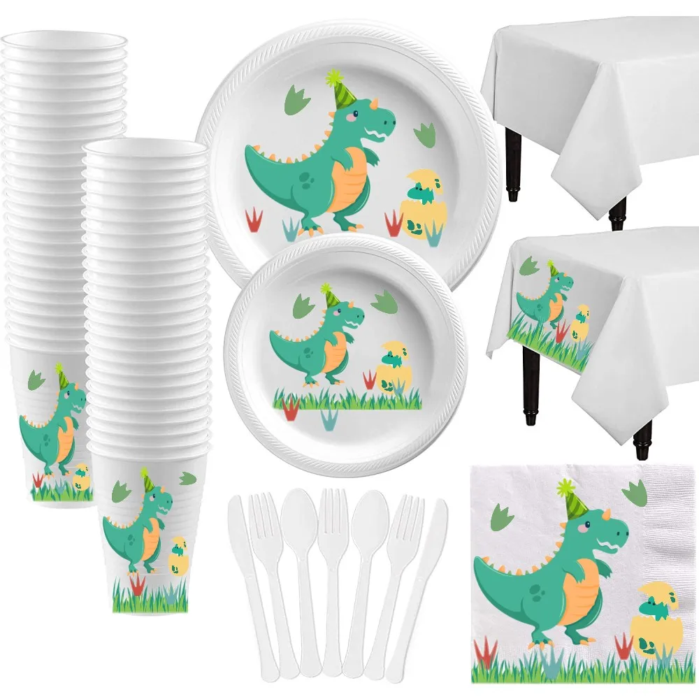 Dinosaur Birthday Theme Party Supplies Set Tableware Kit Disposable Paper Plates Balloons Napkins Tablecover Cups Knife spoons