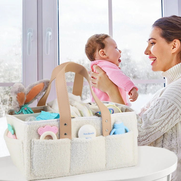 Factory Price Teddy Velvet Newborn Infant Baby Nappy Bag Nursery Diaper Carry Caddy Organiser Toy Storage Bin for Home Stroller