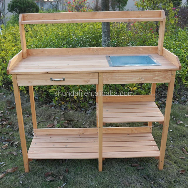 SDPB004 Products Mobile Garden Potting Bench Outdoor Wood Workstation Table Tabletop Storage Shelves