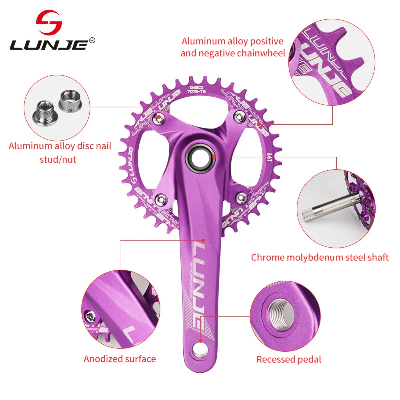 LUNJE Multiple Colors Bicycle Crank Mountain Bike 32 34 36 38T Toothed Plate Hollow Integrated Mtb Crankset For Size 26 Bike