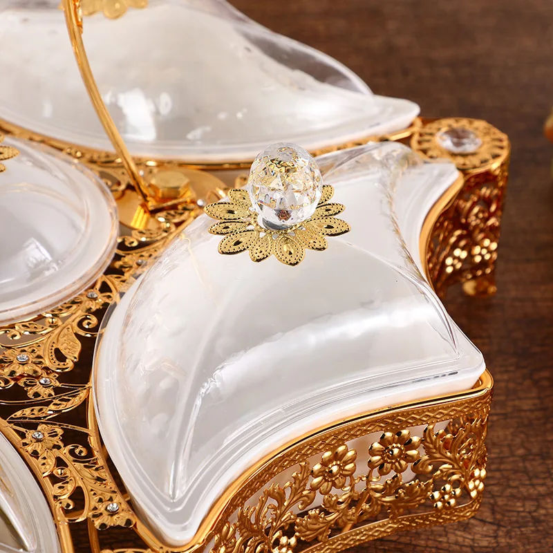 Gold Plated Decorative Cake Candy Stand Fruit Plate Food Tray Glass and Metal Serving Display Trays Snacks Dishes Bowls