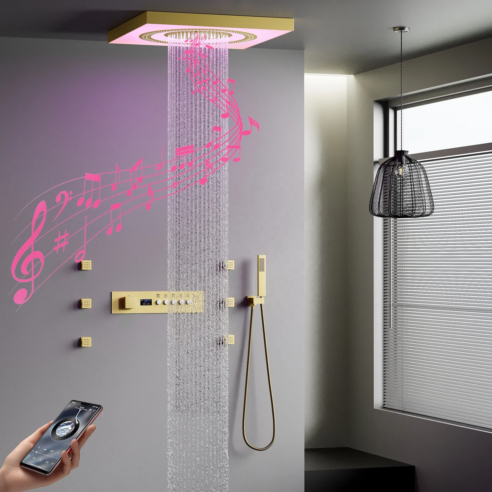 Luxurious Ceiling 24inch Music Led Rain&Atomizing Shower Temperature Display Button Control Thermostatic Shower Faucet Set