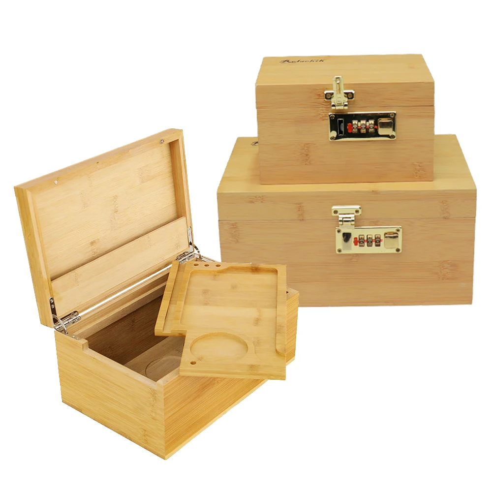 High quality luxury natural wooden bamboo storage stash smoke box with rolling tray and lock