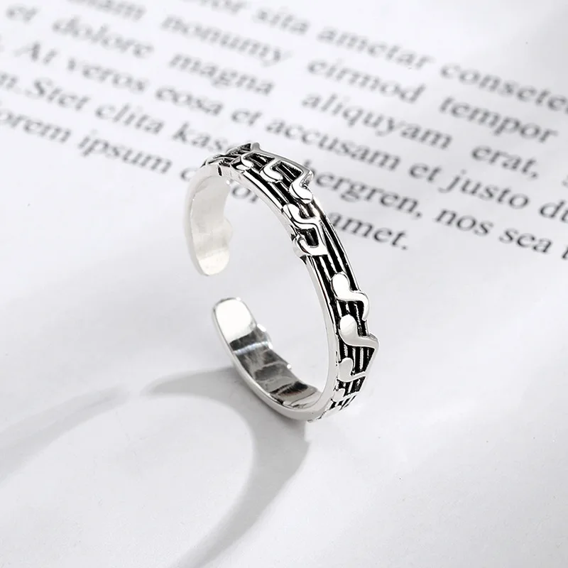 Rinhoo Vintage Thai Silver Note Five-line Music Score Ring for Women Girls Fashion Party Accessories Trend New Jewelry