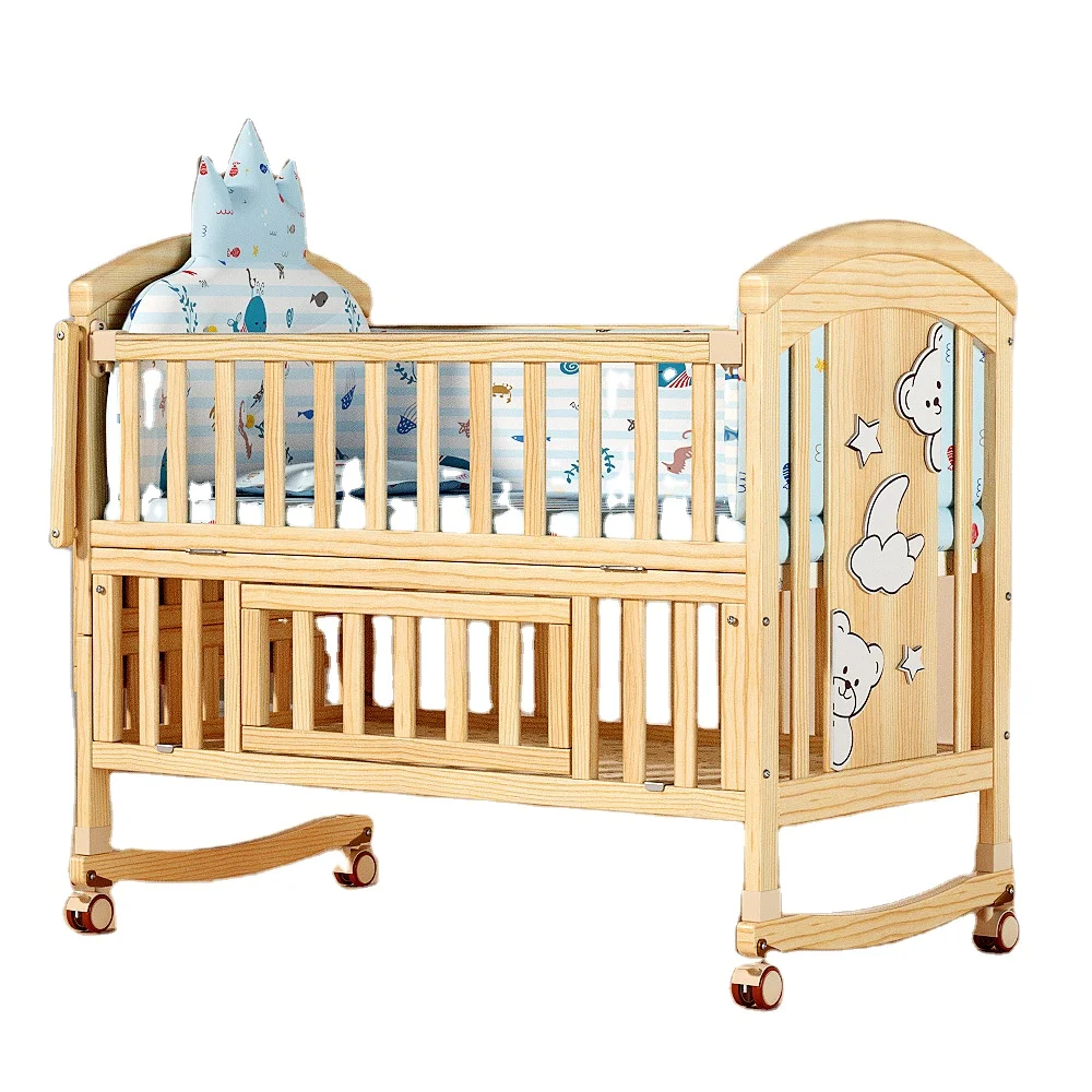 New Multifunctional Bedside Cot Bed Solid Wood Wheels Cribs For 0-6 Years Old
