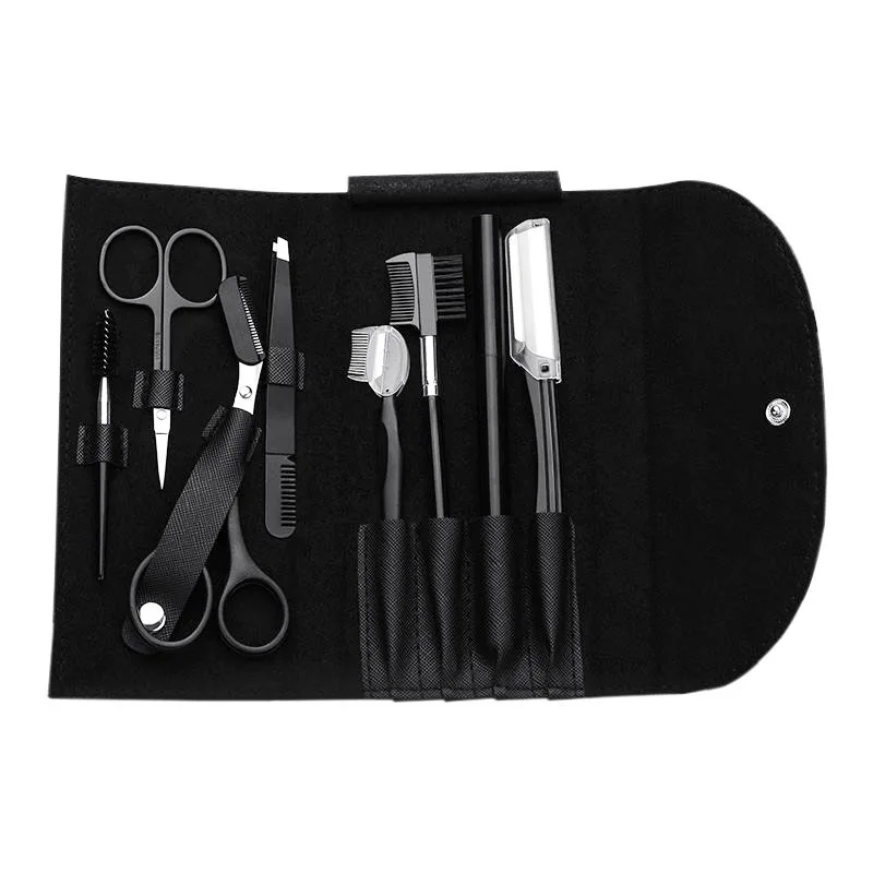 Premium Quality Eyebrow Scissors Kit Eyebrow Tweezers With Buckle Leather Pouch Pack of 8 Makeup tools
