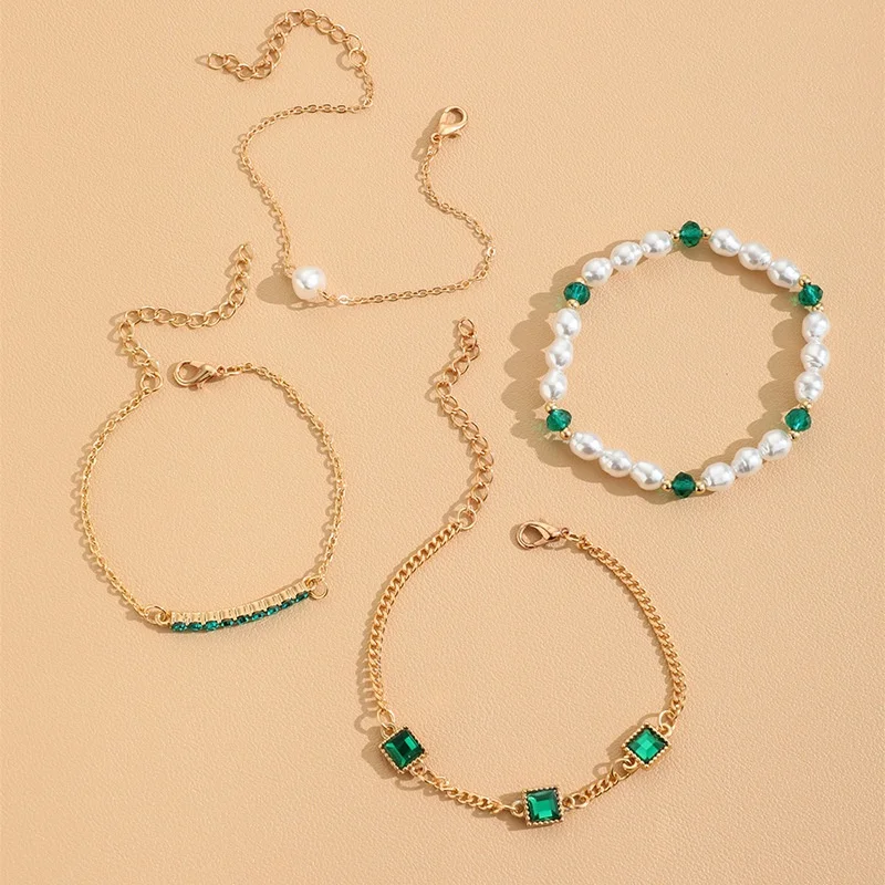4Pcs/set Elegant Imitation Pearl Beaded Bracelets Women Noble Green Simulation Crystal Bracelet Femme Jewelry Party Gift