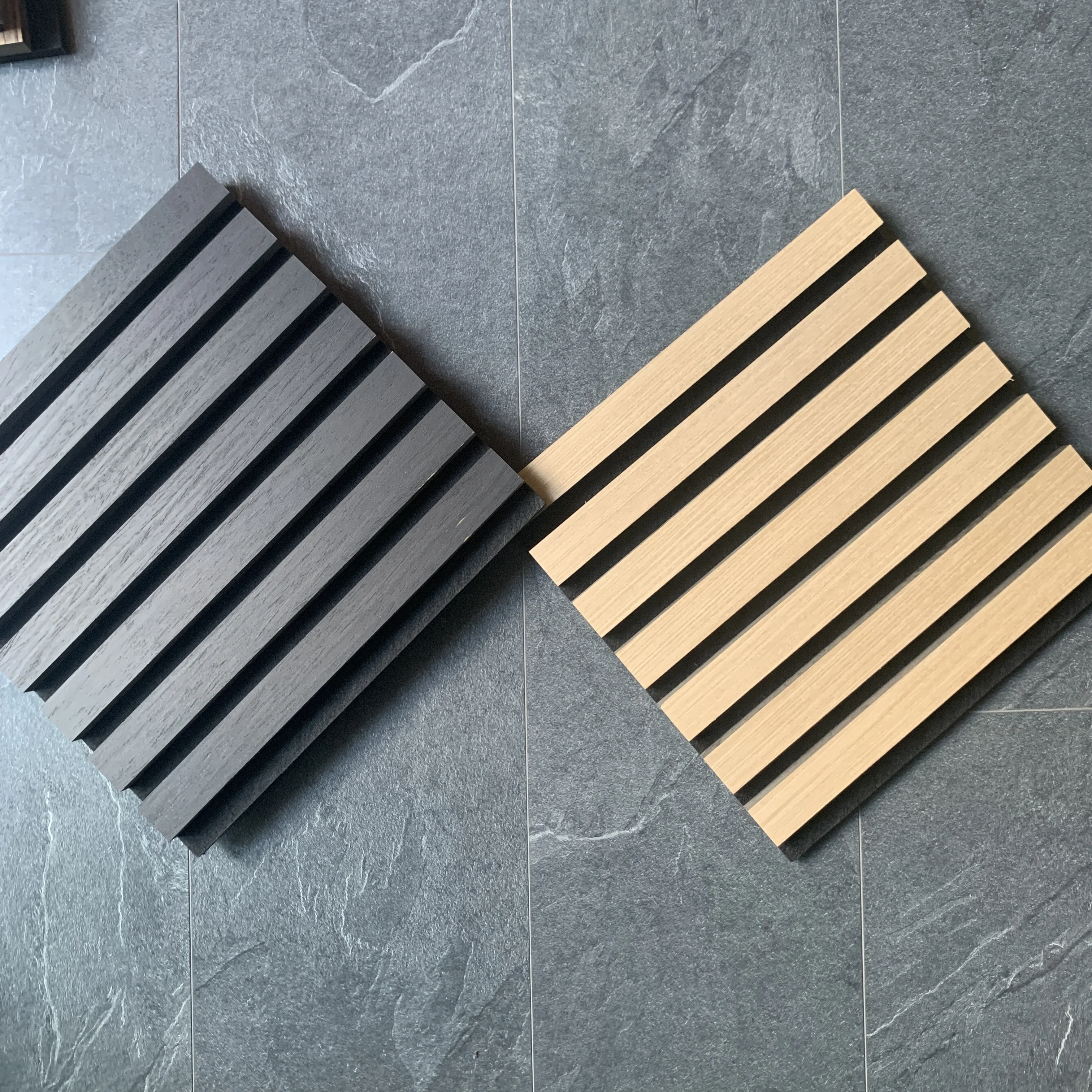 USA popular interior wall decoration akupanel light oak walnut 3 sides veneer wooden slat wall panels PET felt board