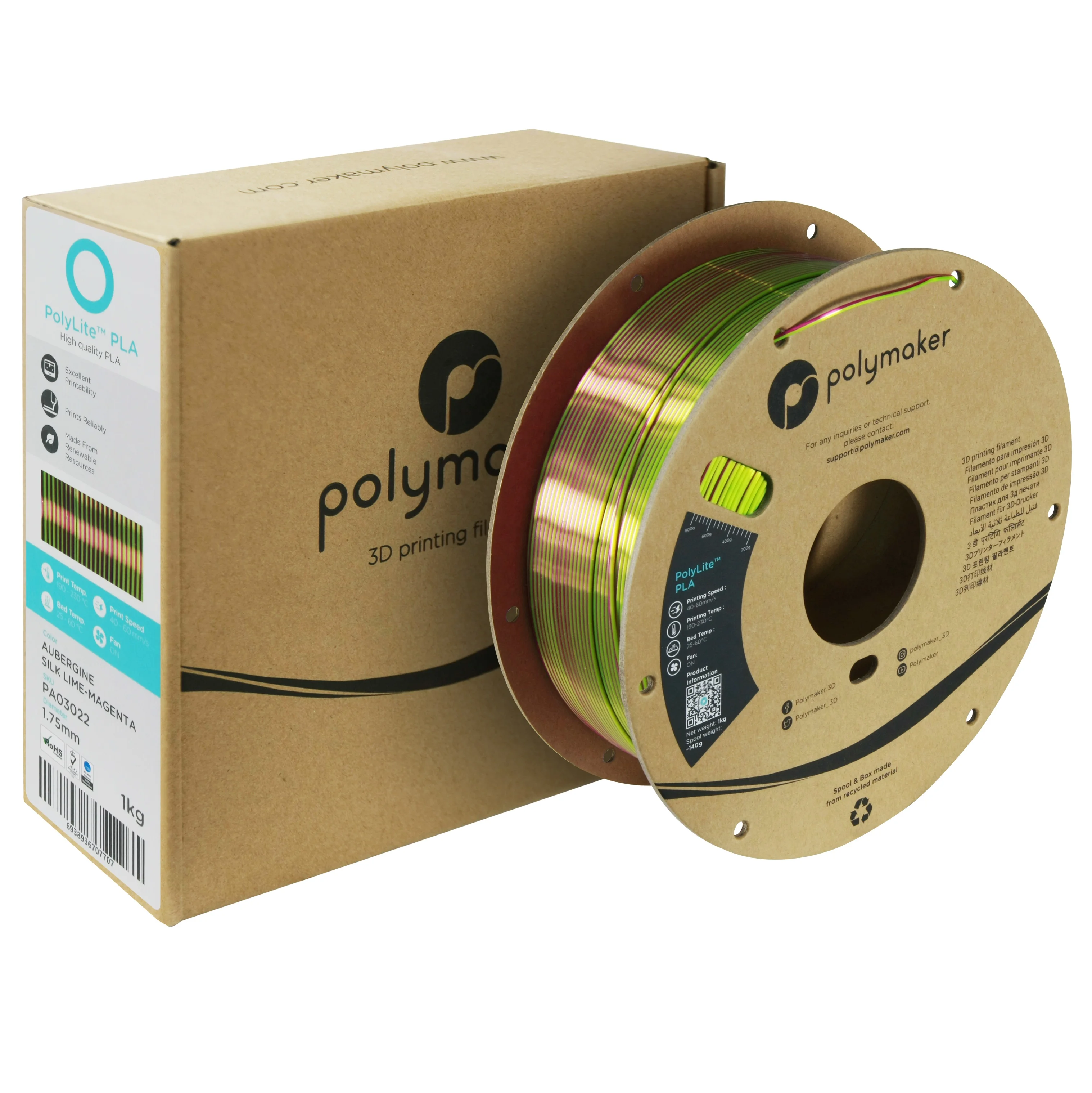 Custom Raw Material  Cardboard Plastic 1kg / 1.75mm Polymaker PolyLite PLA Silk Dual Colors Silk Shiny Printer 3d Filament PLA