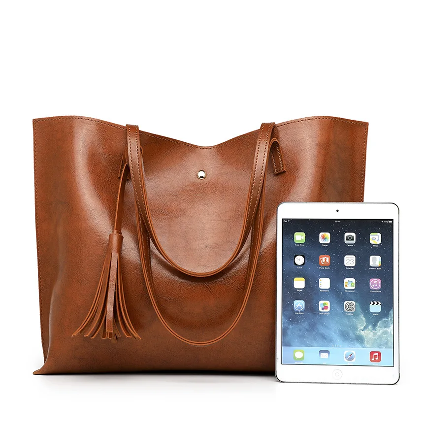 Wholesale Fashion High Quality Large Capacity Plain Pu Leather Custom Shoulder Tassel Tote Handbags Hand Tote Bags For Women