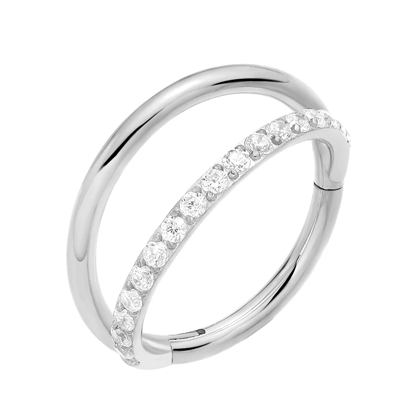 316l Stainless Steel double ring Segment Hinged Ring with one line CZ prong set Nose Ring Stainless Steel