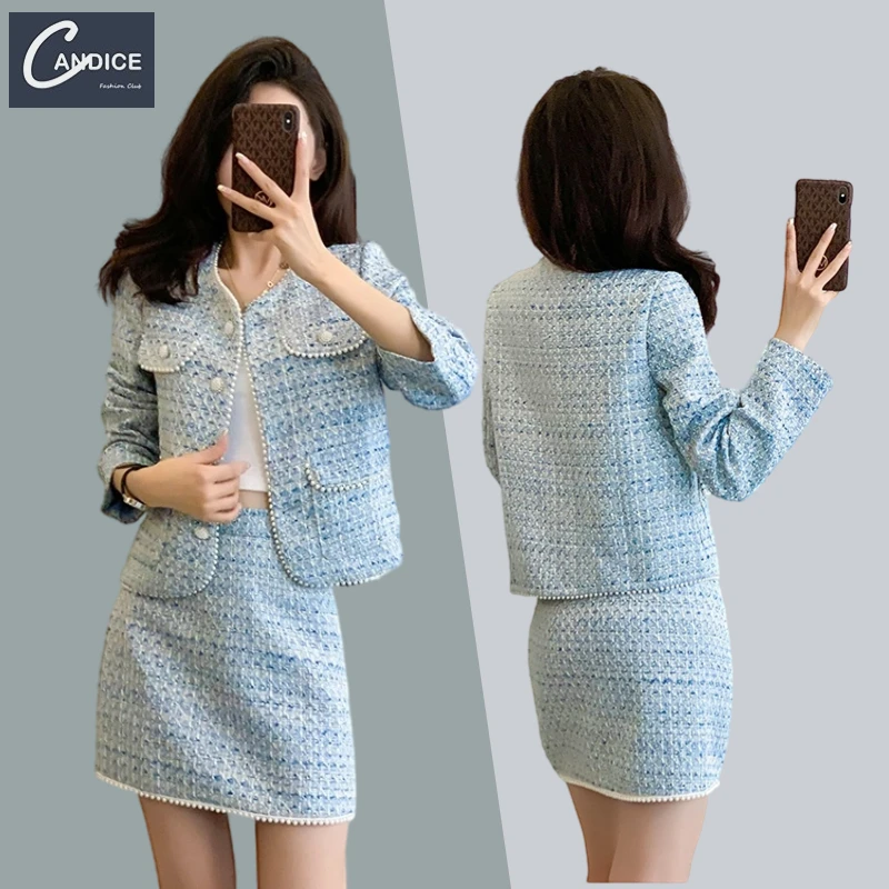 Candice wholesale high quality elegant pearl tweed suit skirt 2 piece set women fall 2023