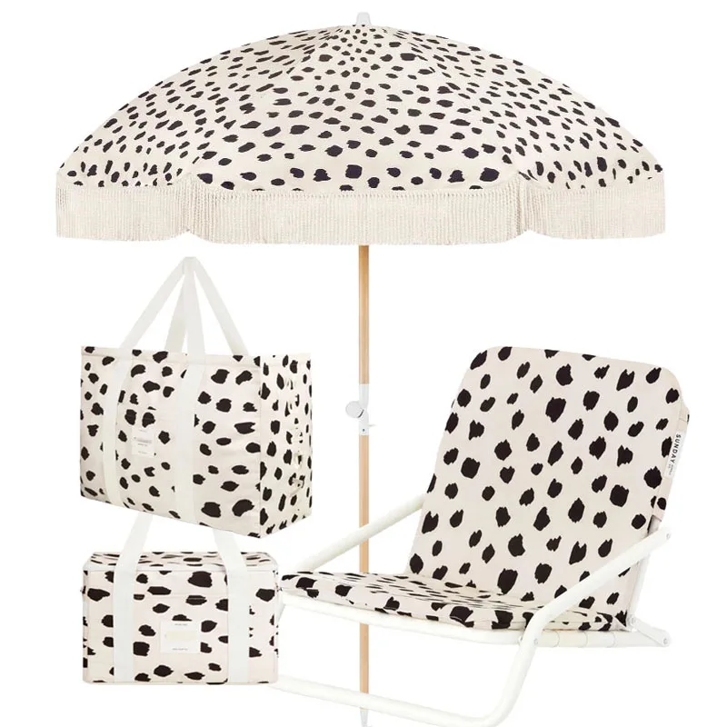 BR Custom 6ft 7ft Portable Vintage Fringed Beach Outdoor Umbrellas, Folding Recliner Chairs, Cooler Bags Big Sun Parasols Etc