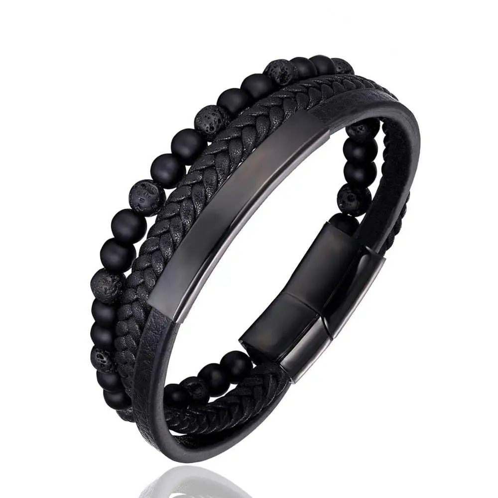 2022 New Mens Bead and Leather Braided Lava and Onyx Bead Leather Bracelet for Men