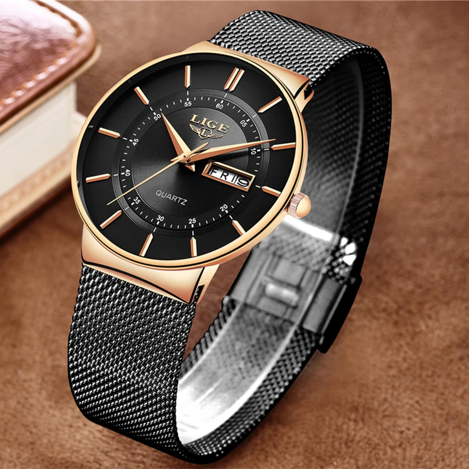 Lige 9949 Casual Mens Quartz Wristwatch Reloj Stainless Steel Calendar Luxury Men Watches Waterproof