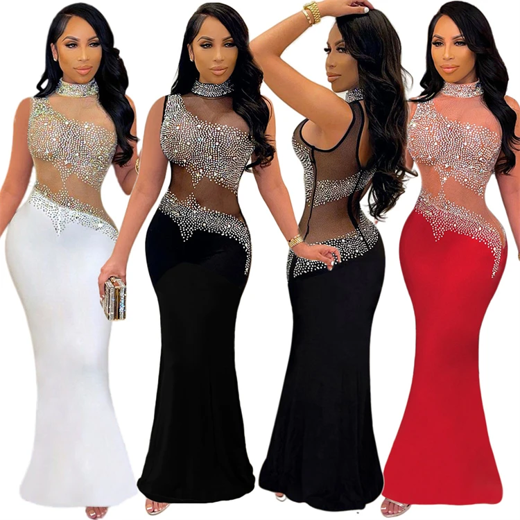 D13973 Sexy hot style sleeveless long skirt see through gauze high neck party night club rhinestone dress