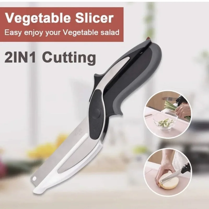 2024 High Quality 2 in 1 Kitchen Cutter Clever Multipurpose Scissor Stainless Steel Vegetable Slicer Fruit Cutter Kitchen Knife