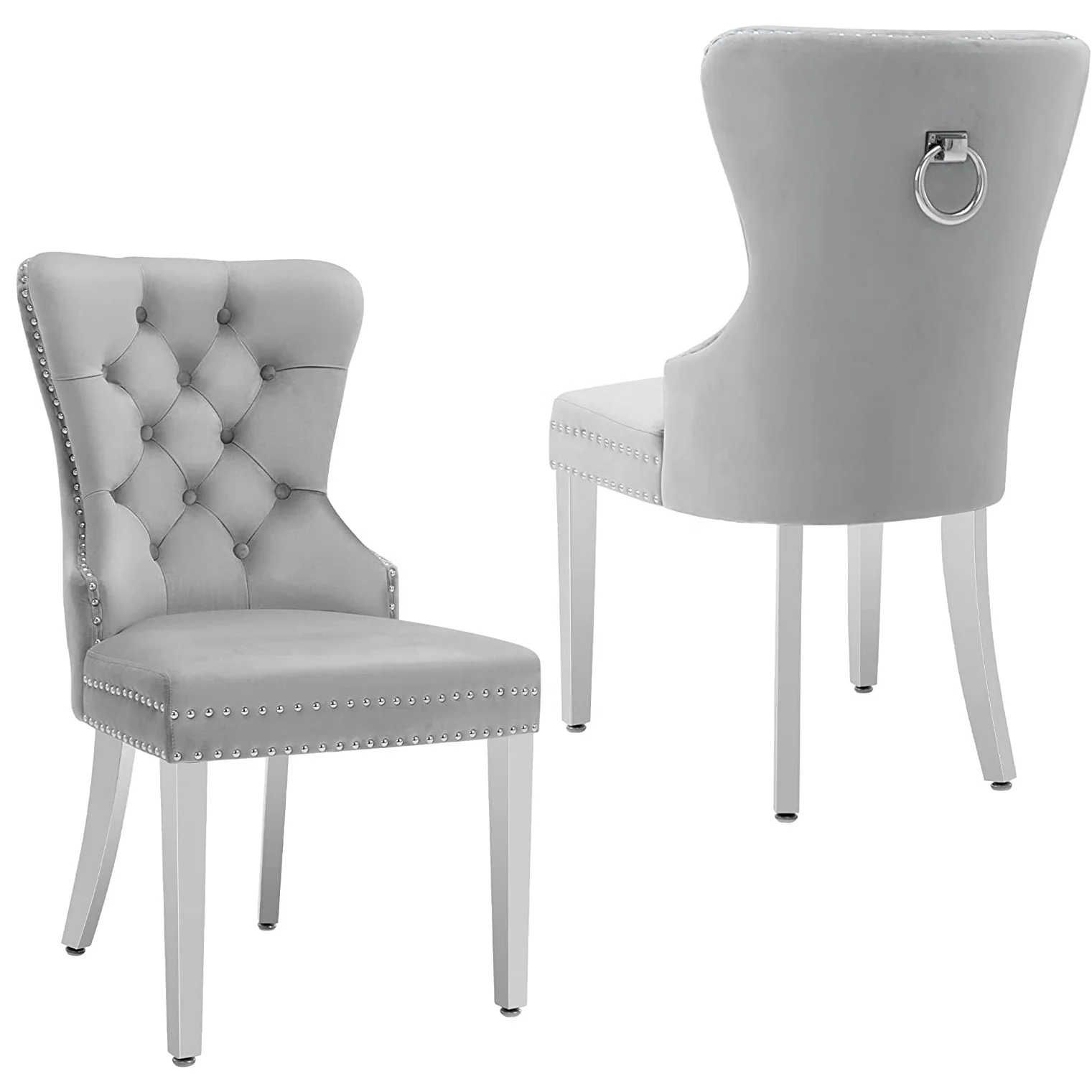 European Hot sale wholesale Popular velvet dining chairs grey soft fabric chairs with button dinning chairs for restaurant