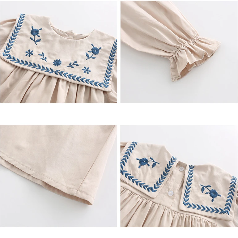 New Korean style kids party long-sleeve dress toddler baby girl Vintage 100% cotton Square Collar embroidered custom dress