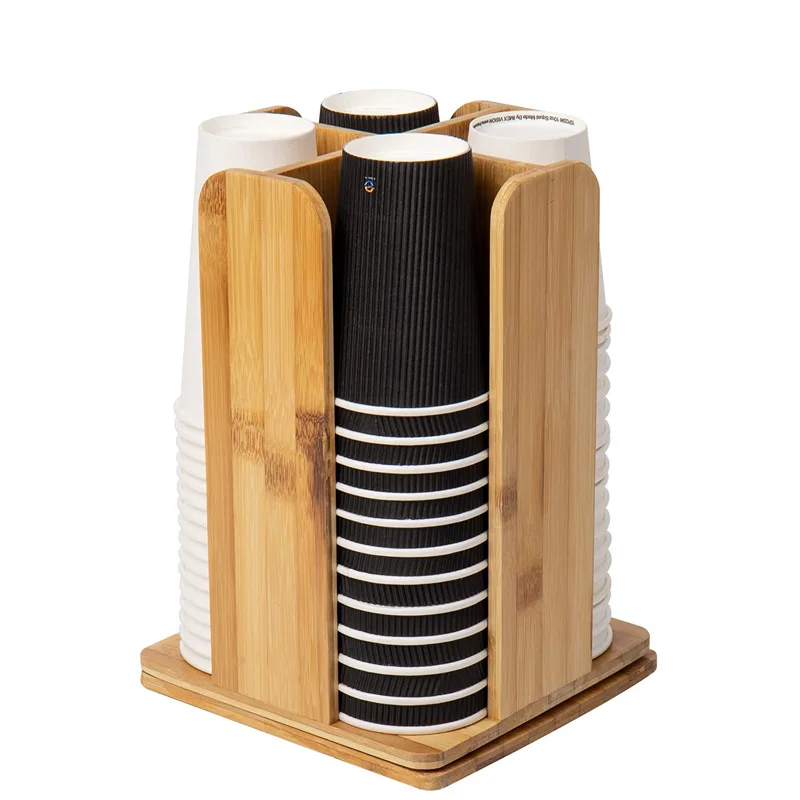 Bamboo Storage Organizer with 4 Compartment Wooden Carousel Cup Lid Organizer Bamboo Rotating Dixie Cup Holder