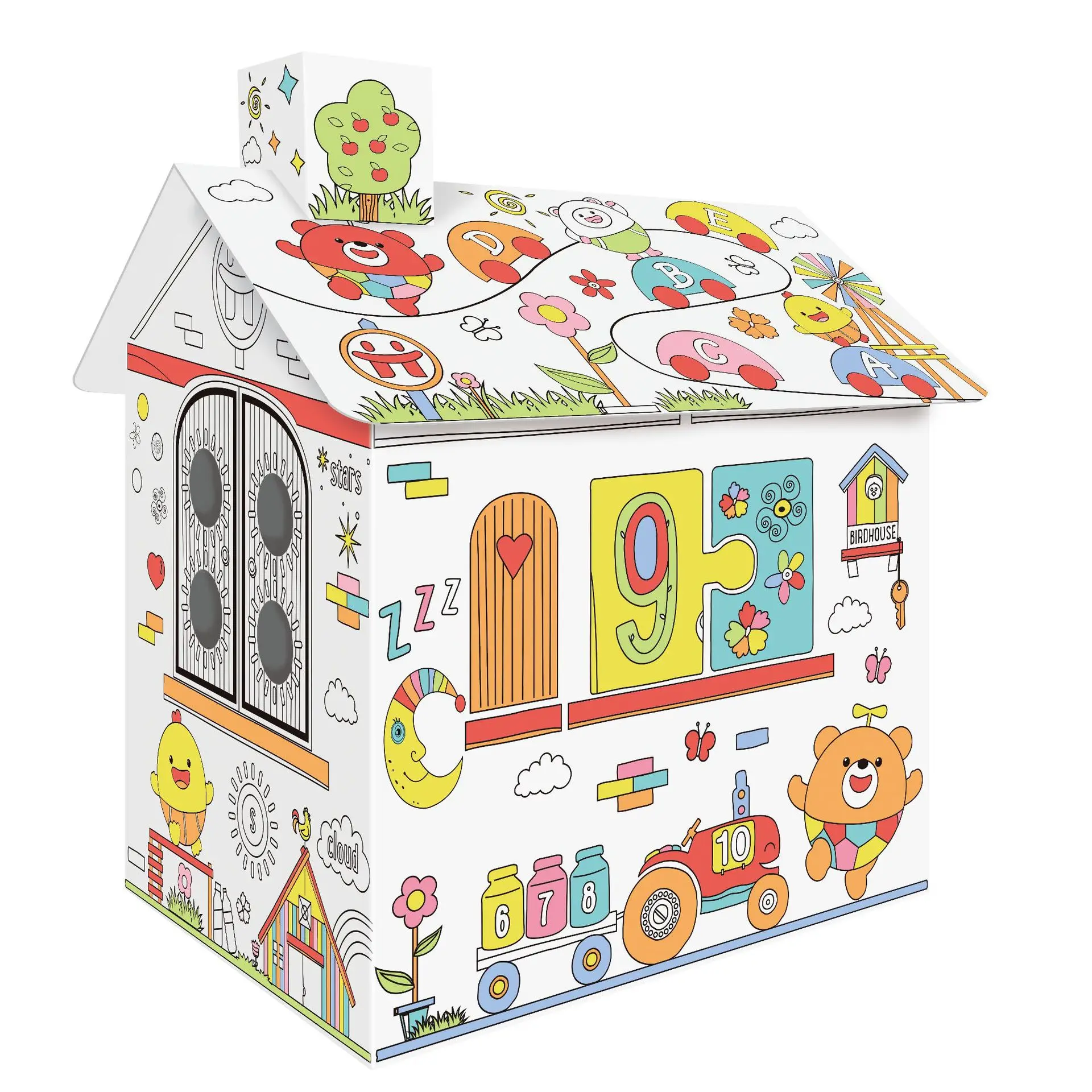 Educational Learning Coloring 3D  DIY Puzzle Doodle Cardboard Cubby House With Light & Music