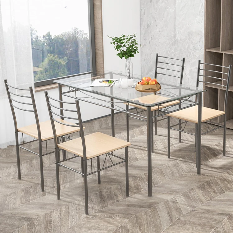 Home Kitchen Dining Room Furniture Glass TableTop Metal Breakfast Lunch Dinner Table Set 4 Pcs Dinning Table and Chairs