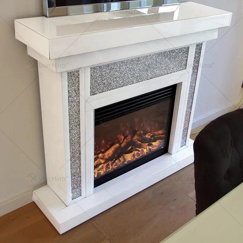 Elegant Indoor crushed diamond crystal white Glass mirror fireplace in  living room furniture