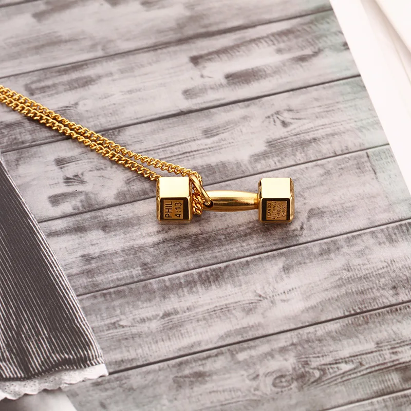 G1742 RTS Personalised Titanium Steel Jewelry Gold Black Fitness Gym Dumbbell Pendant Necklace