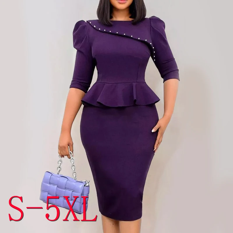 Customized New Design Women Wear Plain Color Ruffled Working Dress Purple Beautiful Elegant Office Lady Pencil Career Dresses