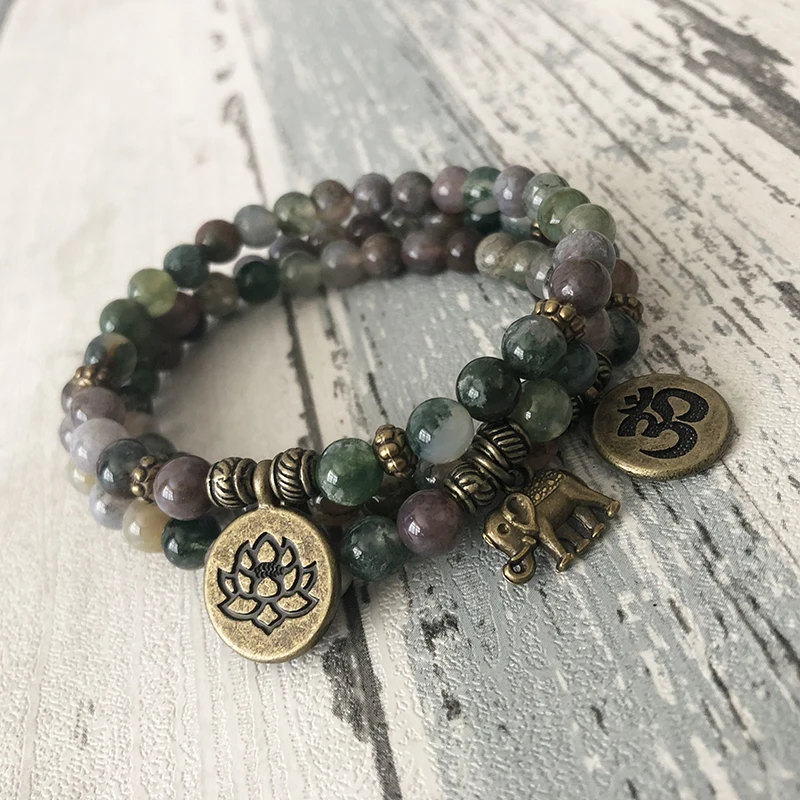 6MM India Agate Stone Beaded OM Lotus Elephant bracelet Mala Bracelets Yoga Reiki Bracelet