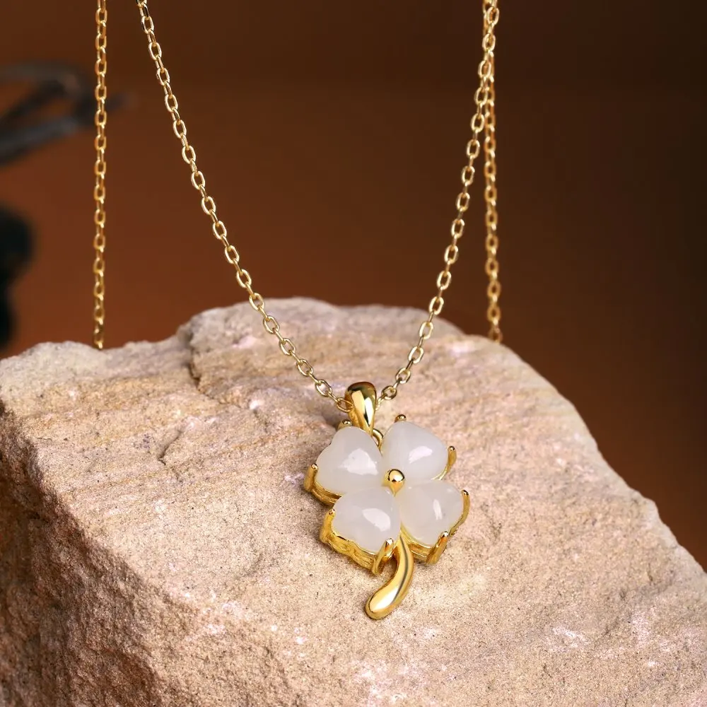 S925 Sterling Silver 18K Gold-Plated Hotan Jasper Fine Exquisite Lucky Four Leaf Clover Clover Pendant Necklaces For Women Lady