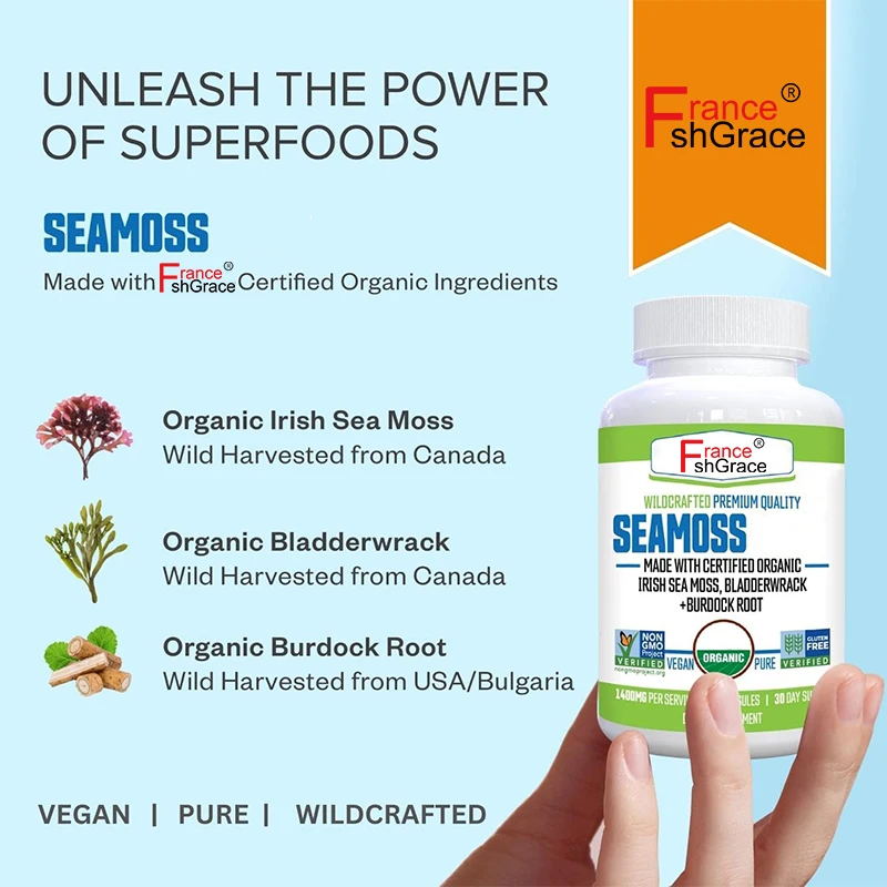 Organic Wildcrafted Seamoss, Bladderwrack & Burdock Root, Supplement for Immunity Capsules