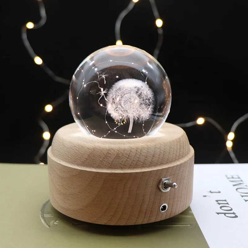 Night Lights Decor 3d Crystal Ball Night Lamp Music Box Wooden Led Night Light For Bedroom