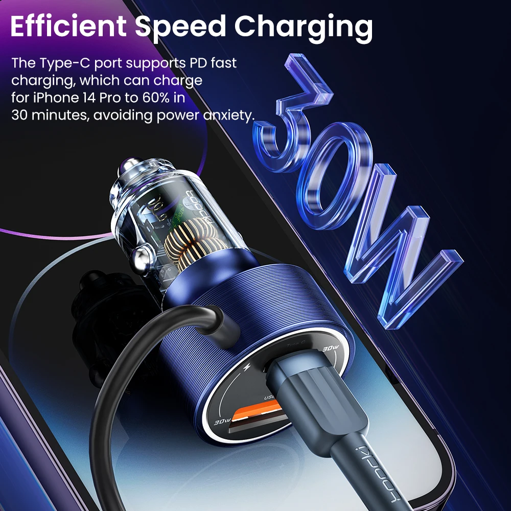 Toocki new PD 60W car charger fast charging Spring Fast Charging Cable multifunction usb c car charger with cable