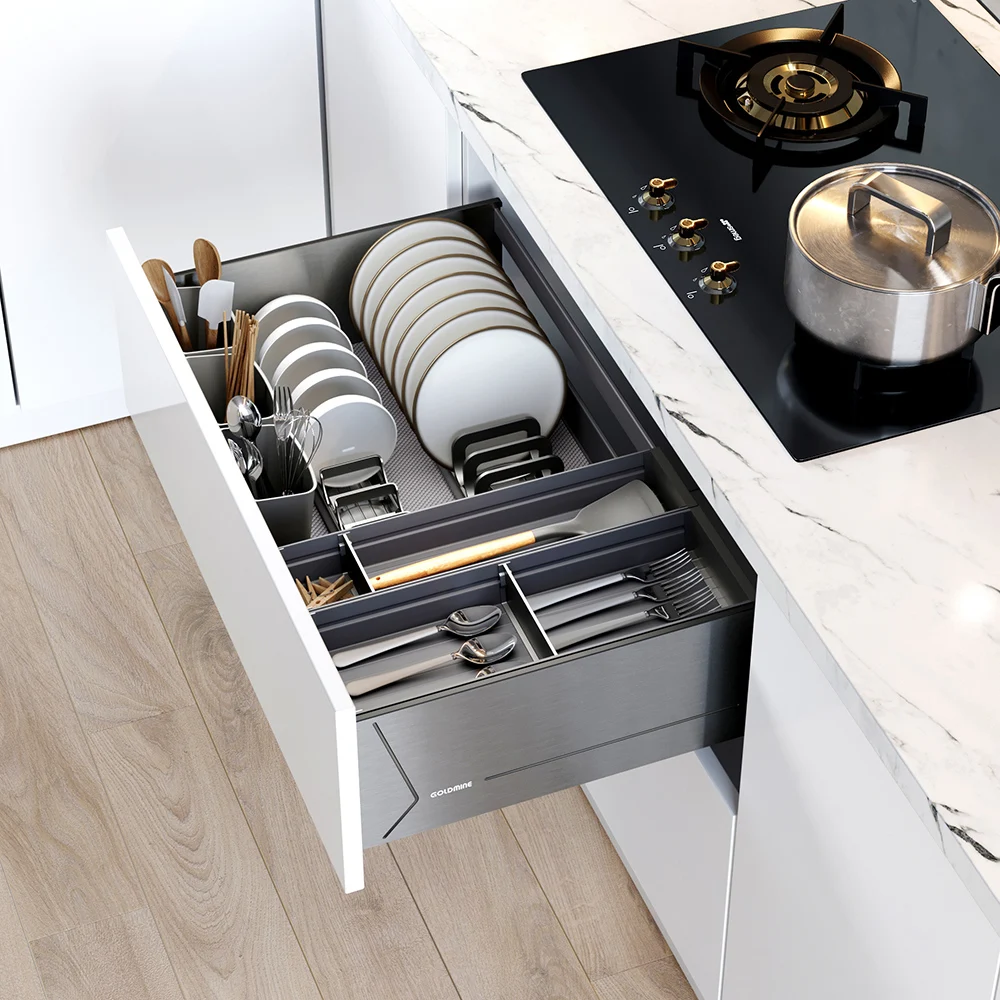 Goldmine JING HUA slide out cabinet organizers deep tableware pullout storage basket high end dishes cabinet pull out drawers