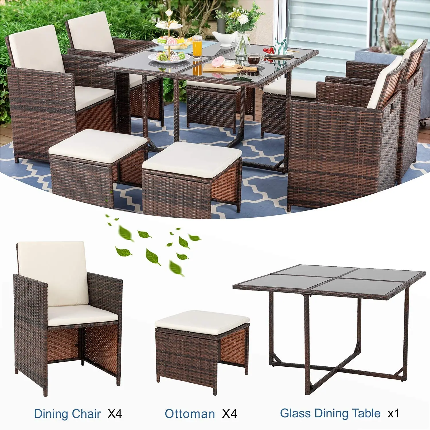 9 Piece Small Patio Dining Set Lawn Outdoor Garden Backyard Patio PE Wicker Rattan Furniture Set