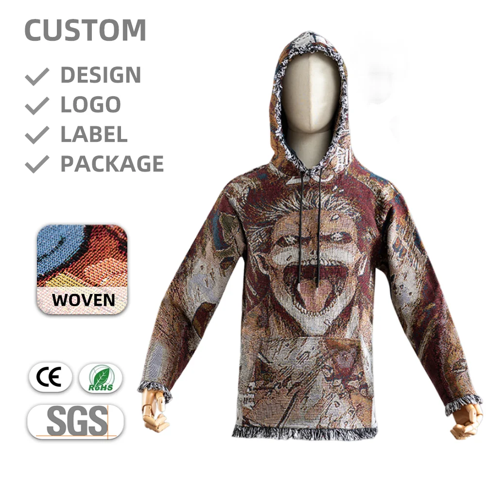 Custom Wholesale Blanket Hoodie 3d Jacquard Tapestry Brand Pullover Hoodie Tapestry Sweater Music Custom Logo Adult Men Woven