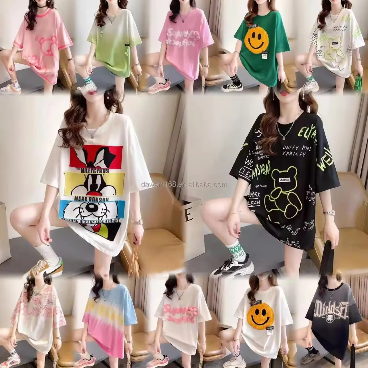 Оптовая продажа, женская футболка с коротким рукавом большого размера, женская летняя 2024 новая свободная Корейская версия, 100% Хлопковая женская футболка