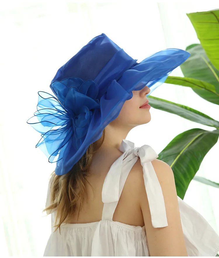 Custom Personalized Ladies Fashion Church Sunshade Hat Organza Wide Brim Solid Color Wedding Hat