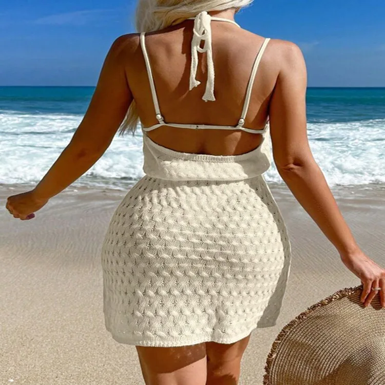 Beach Dress Smock Backless Hollowed Out Sexy Beach Dress Vacation Bikini Tie Sun Shirt Female