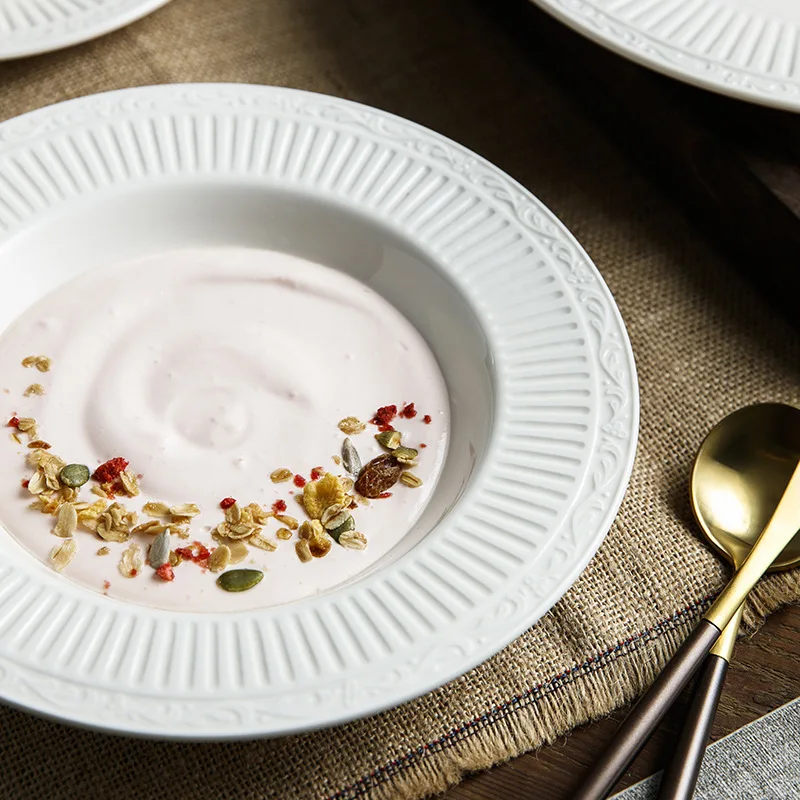 Romantic White Embossed Lace Design Luncheon Serving Italian Ceramic Plate For Wedding Party Porcelain Steak Dinner Plate