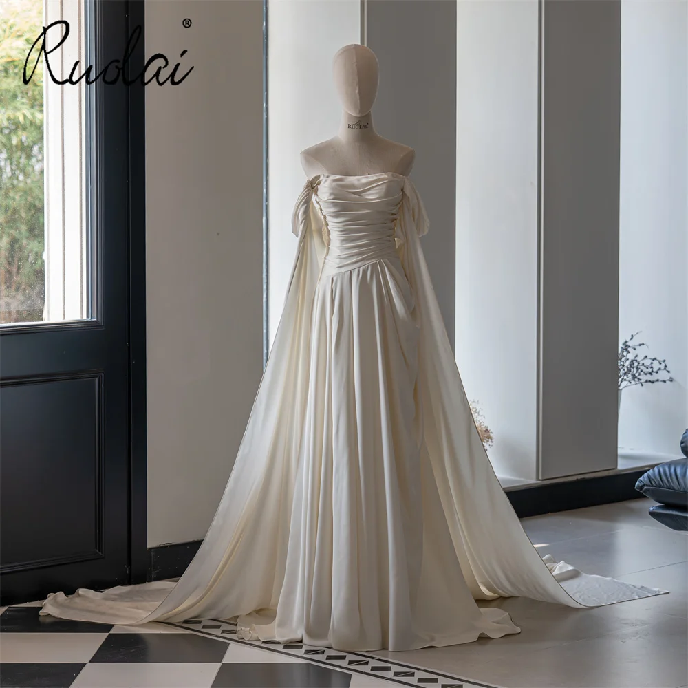 Ruolai QD06373 A Line Off Shoulder Detachable Shawl Ruched Draped Bridal Satin Fabric Wedding Dress Gown
