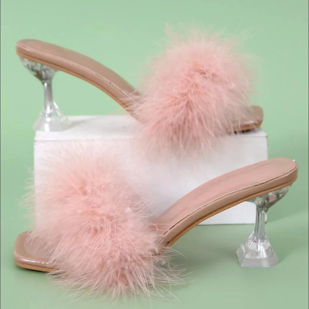 Hot selling fur clear high heels stiletto sandal sexy lady party shoes women heel sandals