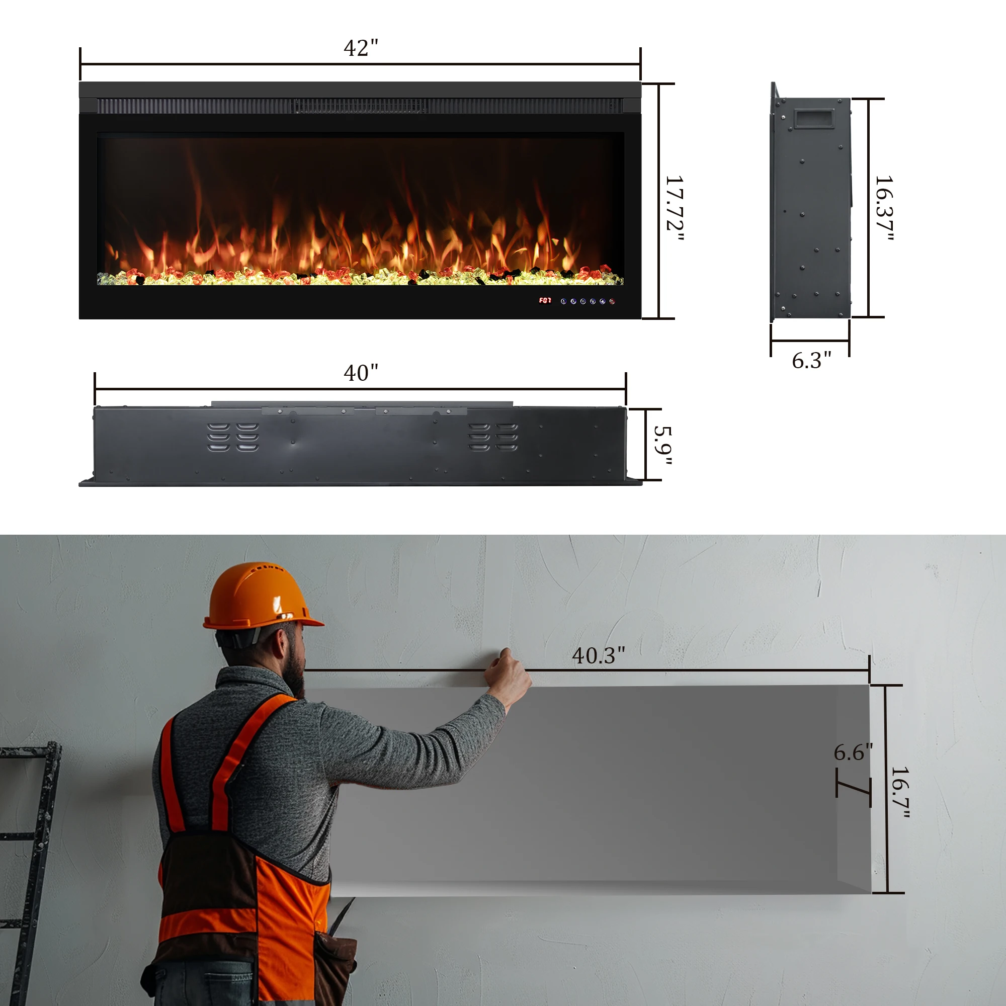 Dreamflame 42-дюймовая настенная Встраиваемый светодиодный камин электрический обогреватель бревна хрустальное многоцветное пламя для комнаты площадью до 400 кв.